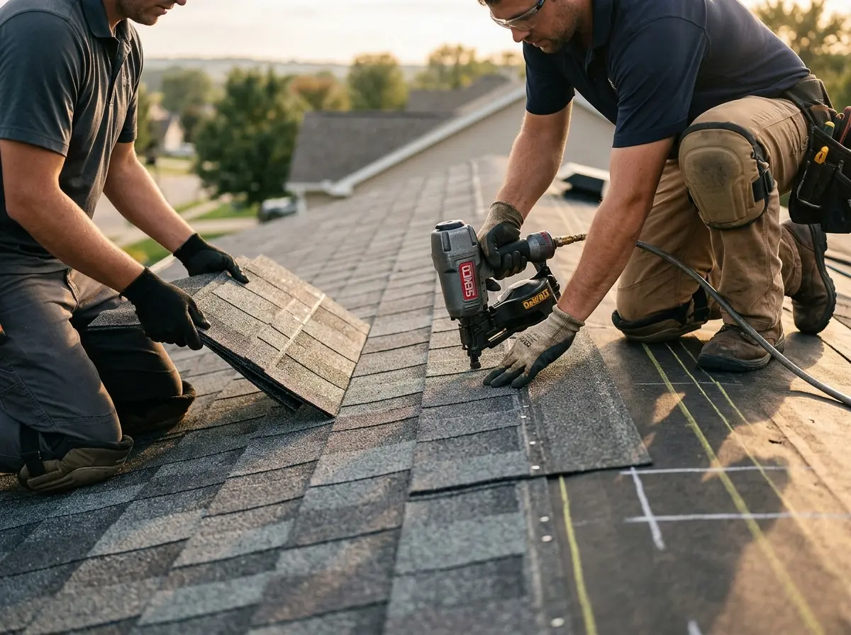 Professional roofer working on a residential roof in Malone
